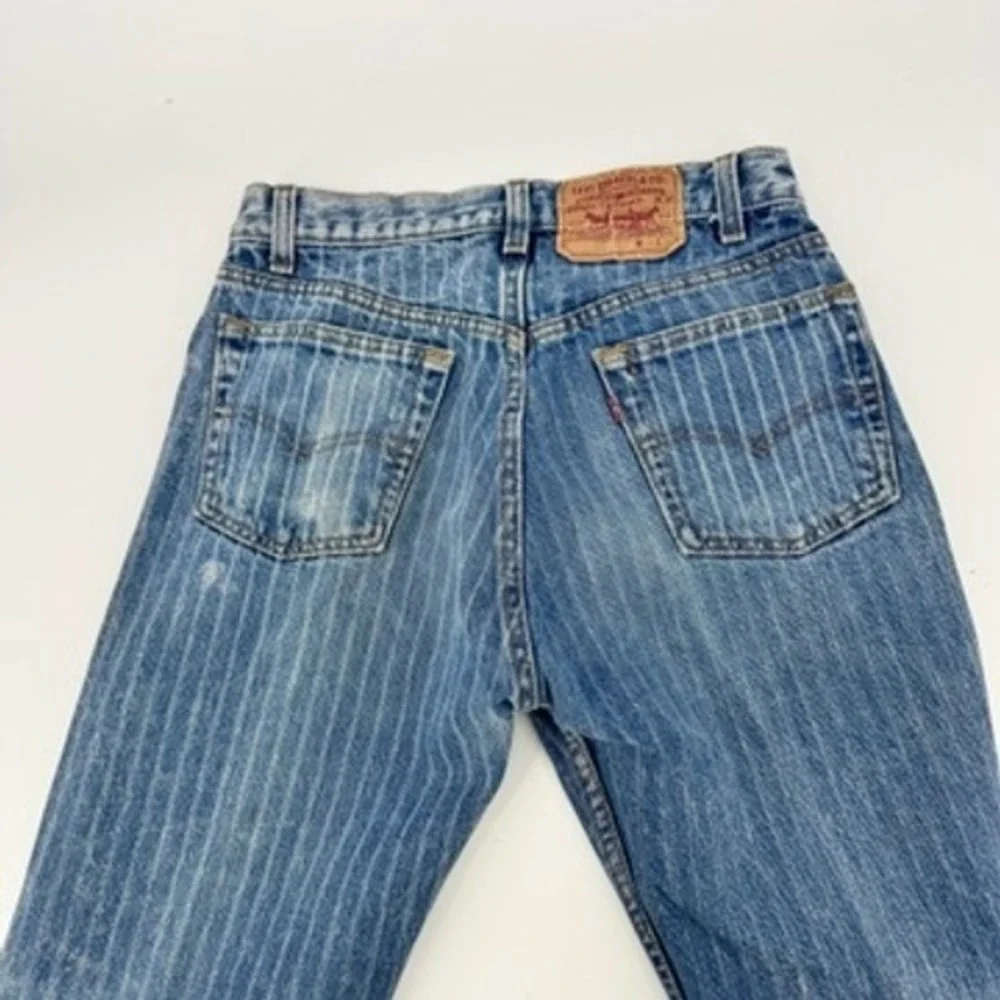 Vintage Levi's 501xx Hickory Pinstripe Jeans Mens 28x32 Blue USA Button Fly Rare